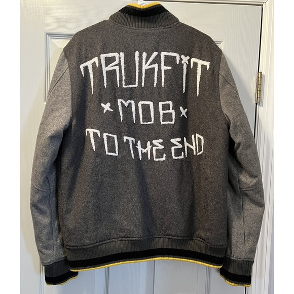 Trukfit Mob Varsity Jacket Mens Large Gray Lil Wayne Lil Weezy To The End WOOL - Picture 2 of 14